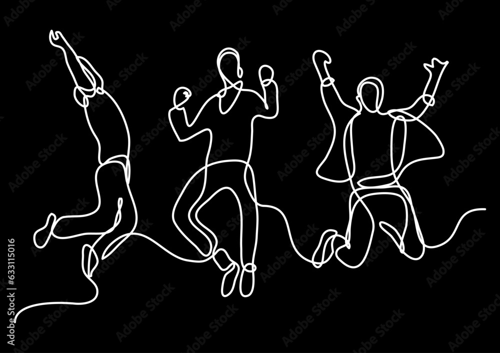 Poster continuous line drawing vector illustration with fully editable stroke of happy jumping persons as c
