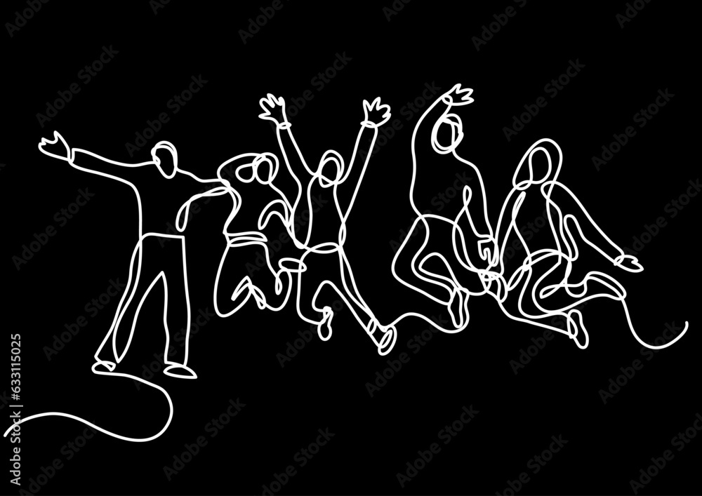 Poster continuous line drawing vector illustration with fully editable stroke of happy jumping persons as c