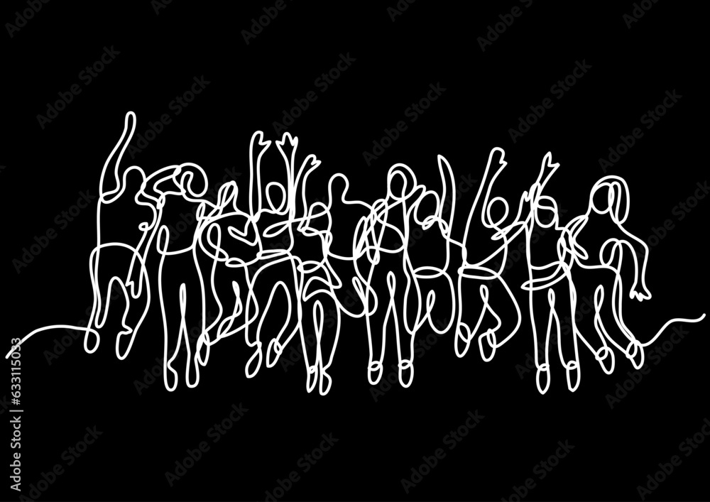 Poster continuous line drawing vector illustration with fully editable stroke of happy jumping persons as c