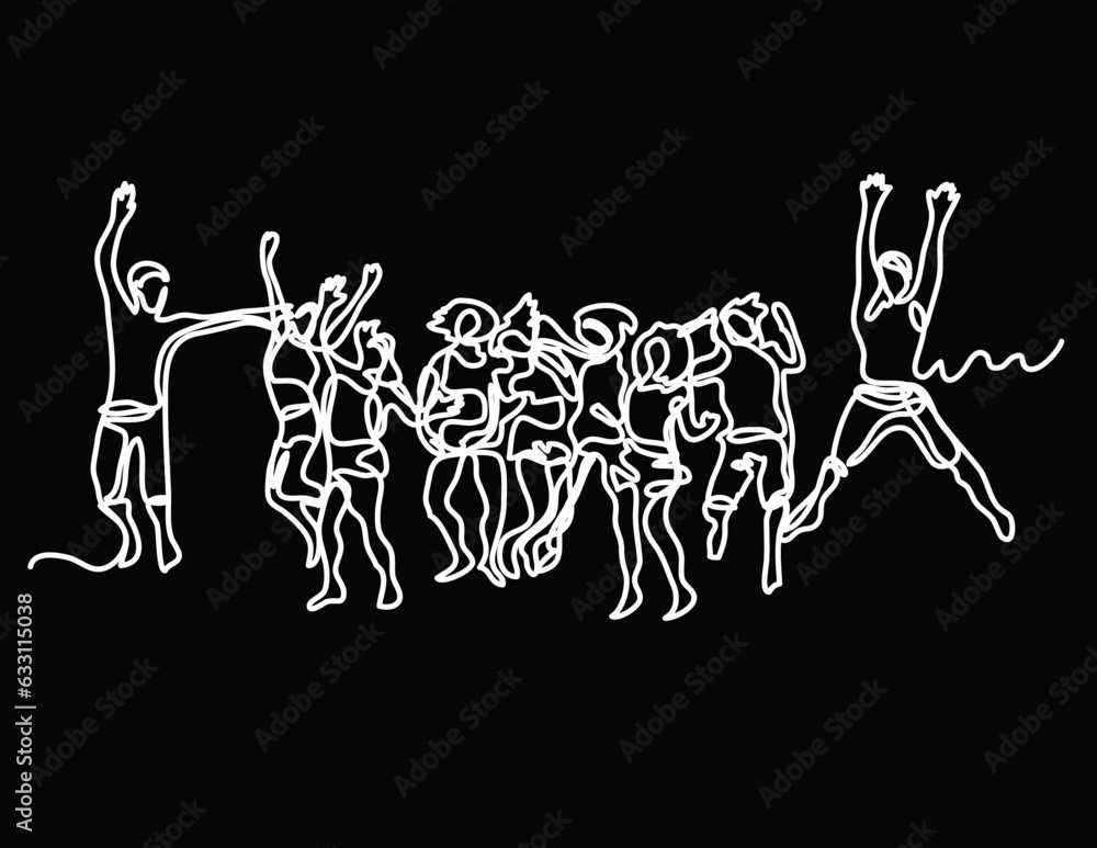 Poster continuous line drawing vector illustration with fully editable stroke of happy jumping persons as c