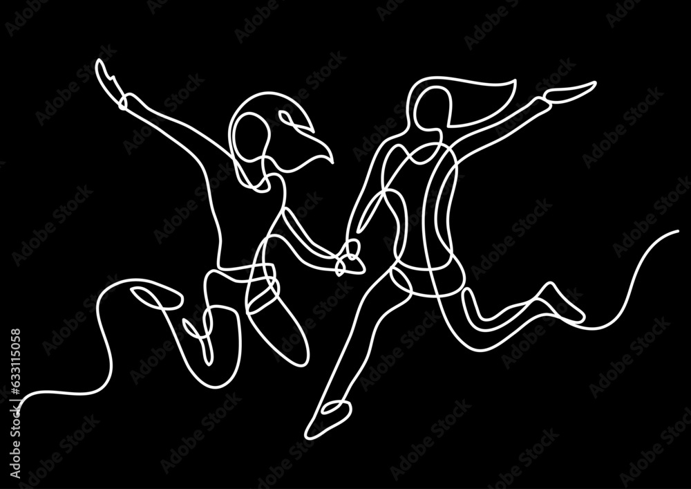 Poster continuous line drawing vector illustration with fully editable stroke of happy jumping persons as c