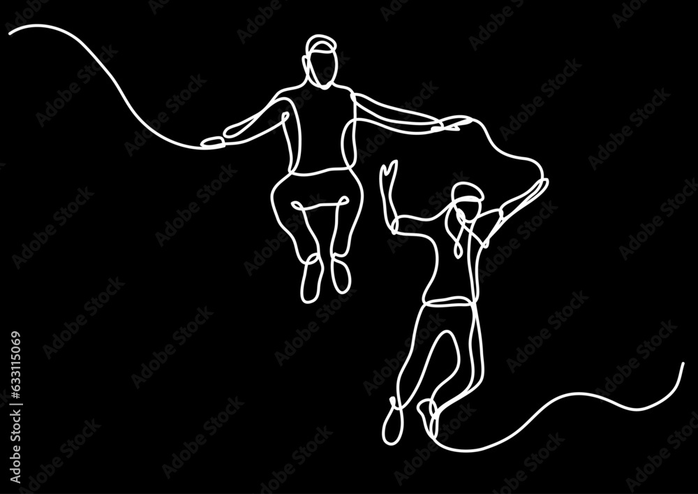 Poster continuous line drawing vector illustration with fully editable stroke of happy jumping persons as c