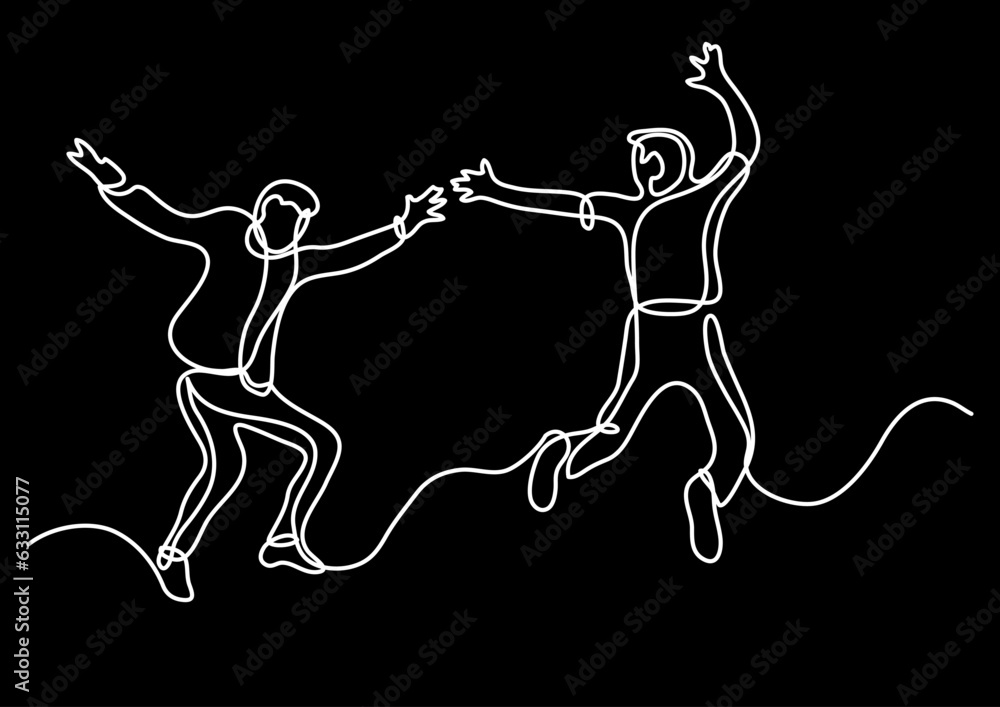 Poster continuous line drawing vector illustration with fully editable stroke of happy jumping persons as c