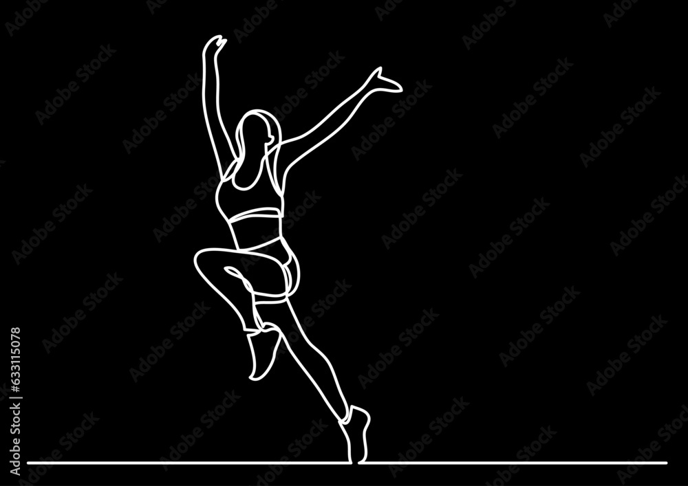 Poster continuous line drawing vector illustration with fully editable stroke of happy jumping persons as c
