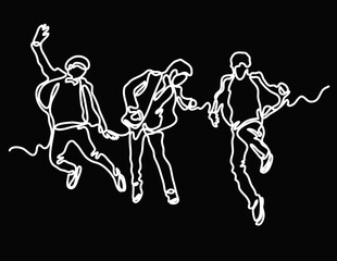 continuous line drawing vector illustration with FULLY EDITABLE STROKE of happy jumping persons as concept of happiness on black background