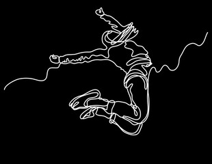 continuous line drawing vector illustration with FULLY EDITABLE STROKE of happy jumping persons as concept of happiness on black background