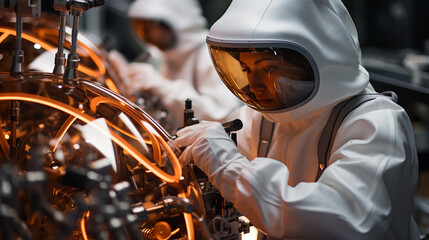 Scientist working, women working on a research machinery in protective clothing.