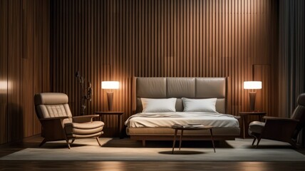 Bedroom interior with two armchair and wooden walls wooden floor, comfortable king size bed created with Generative AI