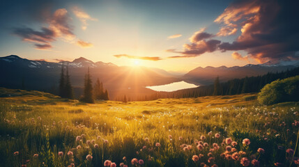 Mountain Sunrise: Enchanted Meadow in Golden Glow. Peaceful Landscape. Generative AI