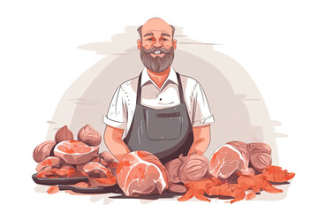 Smiling male butcher with fresh meat on a white background.