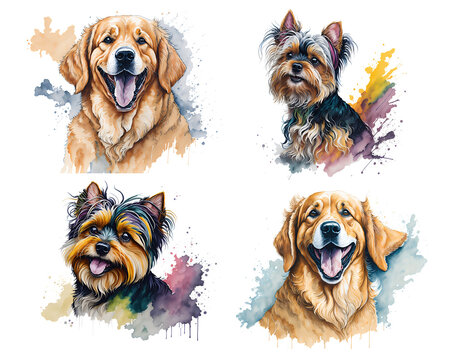 Charming Watercolor Dogs: Yorkshire Terrier and Golden Retriever on Transparent Background. Cute Dog Drawings Full of Appeal