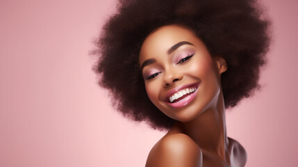 Gorgeous African American woman showcases flawless, radiant skin against a beige backdrop. A captivating smile graces Afro beauty with luscious, curly black hair.