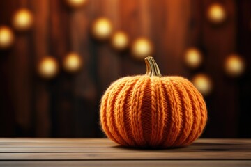 Knitted pumpkin on wooden table blurred background Generative AI