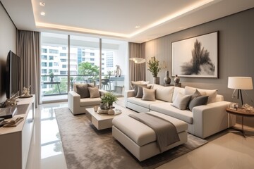 The luxury apartment has a contemporary and trendy design, with a focus on light colors. The spacious interior is adorned with stylish decor, set against large windows that allow ample natural light