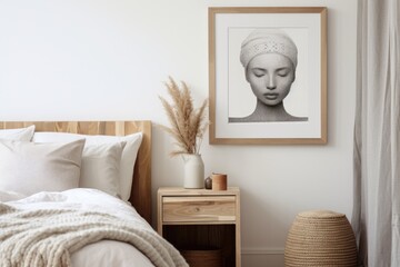 In a Scandinavian styled bedroom, there is a white framed portrait mockup hanging on a vintage wooden bedside table. Accompanying it is a modern white ceramic vase with dried grass, as well as a cup