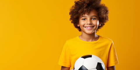 Little kid holding a football ball in a yellow background with copy space