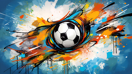 Soccer ball in flight in graffiti style on a bright background.