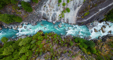 River in a Rocky Mountain Canyon. British Columbia, Canada. Aerial Nature Background