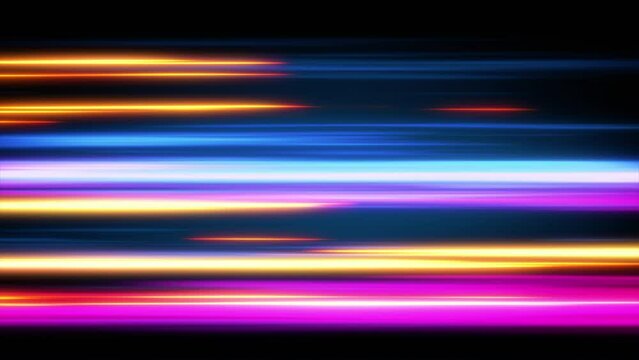 Bright Color Lines Very Fast Motion Design Background Blue Orange Horizontal. Shaking Dynamic Multicolored Trails Backdrop High Speed Technology Concept. Loop-able 3d Animation. Design for internet