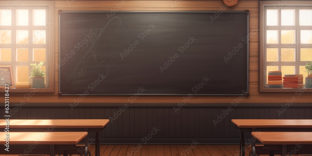 Poster blackboard in empty classroom, generative ai image of blank chalkboard