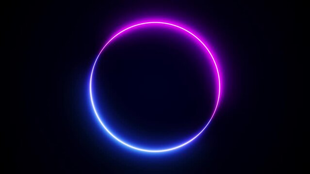 Vibrant neon circle abstract futuristic hi-tech motion background. Video loop animation. 3d render, blue pink neon round frame, circle, ring shape, empty space, ultraviolet light, 80's retro style