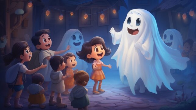 Children are scared by a friendly ghost on Halloween, cartoon