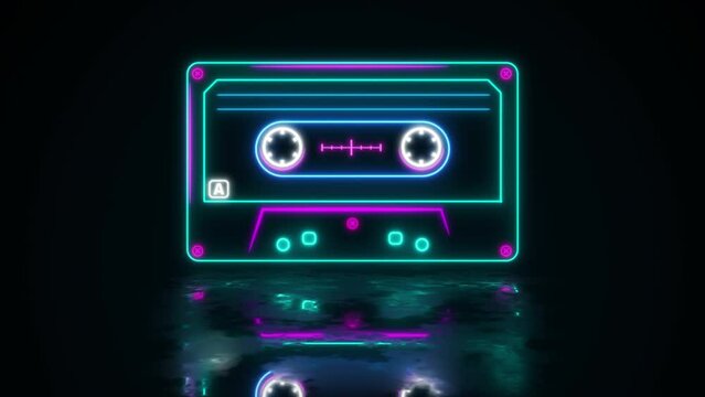 Neon cassette on reflective wet floor, lights up and goes out. Cassette animation. Loop. Retro tape recorder cassettes neon sign, light banner. Back to the 90s. 80s neon style. musiccasette, mix tape