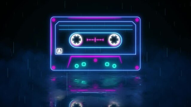 Neon cassette on reflective wet floor, lights up and goes out. Cassette animation. Loop. Retro tape recorder cassettes neon sign, light banner. Back to the 90s. 80s neon style. musiccasette, mix tape