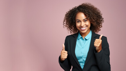 Successful afro american businesswoman in the office is satisfied with the results of the achievement, thumbs up