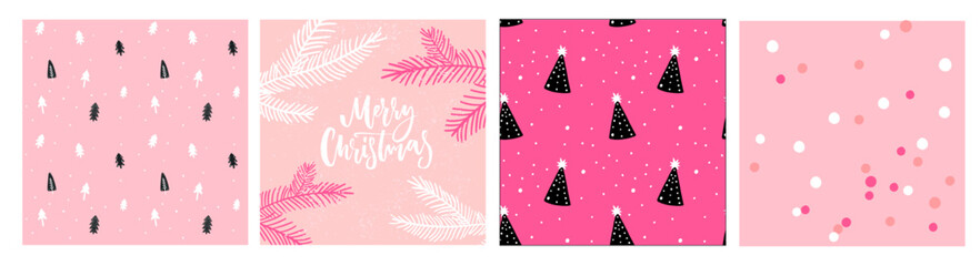 Cute pink Christmas patterns and card design set, simple minimalist doodle drawings of Christmas trees and branches. Gift wrapping paper vector repeat. - 633119295