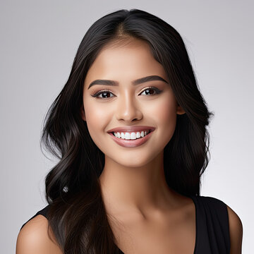 a closeup photo portrait of a beautiful young asian indian model woman smiling with clean teeth. used for a dental ad. isolated on white background, AI Content