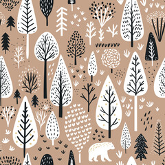 Winter woodland pattern, seamless christmas forest background on kraft paper. Handicraft gift wrapping paper, organic natural scandinavian holidays background - 633119821