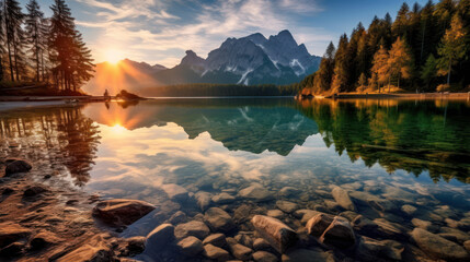 Majestic Sunrise: Lake Reflections and Mountain Splendor. Majestic Sunrise on the River. Peaceful Landscape. Generative AI - obrazy, fototapety, plakaty
