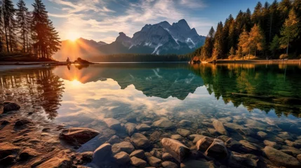 Foto op Canvas Majestic Sunrise: Lake Reflections and Mountain Splendor. Majestic Sunrise on the River. Peaceful Landscape. Generative AI © ART STORE