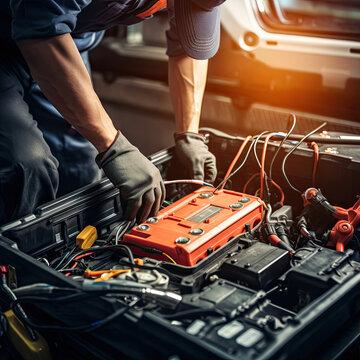 Technician Hands of car mechanic working repair in auto repair Service electric battery and Maintenance of car battery. Check the electrical system inside the car, AI Content