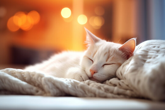 Cozy and calm concept. Cute cat sleeping on soft white blanket, warm and home atmosphere