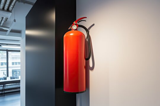 A red fire extinguisher on a black wall near a window overlooking a building