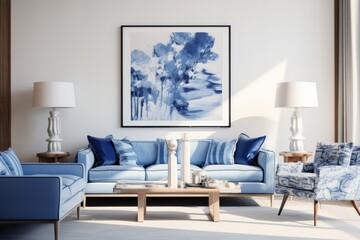 A living room adorned in a combination of white and blue colors, featuring a sofa, armchair, lamp, and decorative posters.