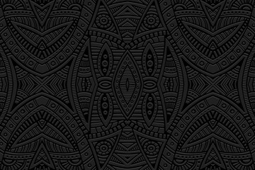 Embossed decorative black background, cover design. Geometric 3D pattern, press paper, leather. Boho, handmade. Tribal color, ethnic motives of the East, Asia, India, Mexico, Aztec, Peru.
