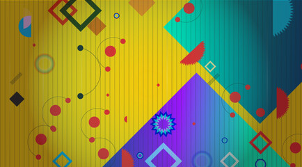 Abstract colorful background graphics template with blended multiple geometric objects - circles, squares and lines