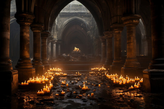Candlelit Narratives, Illuminated arches unveil the stories within a family crypt in a church