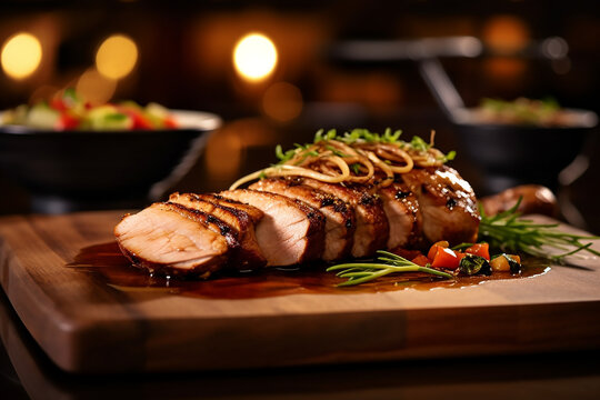 Grilled pork tenGrilled pork tenderloin served on a wooden platederloin served on a wooden plate