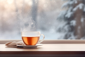 Cup of hot tea with steam on wooden windowsill against winder window. Cozy and warm home atmosphere