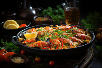 This AI-generated illustration showcases a delicious paella featuring seafood and saffron in a traditional Spanish style. The vibrant colors and detailed textures highlight the richness