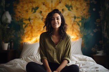 attractive young woman sitting in her bedroom