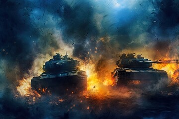 Armored vehicles hurtling through the smoke of the battlefield. Generative AI.