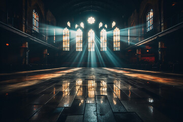 Glowing Light through Stained Glass Windows in a Dark Church - obrazy, fototapety, plakaty