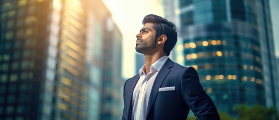 Happy wealthy rich successful business man standing in big city modern skyscrapers street on sunset thinking of successful future vision, dreaming of new investment opportunities