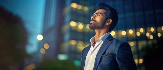 Happy wealthy rich successful business man standing in big city modern skyscrapers street on sunset thinking of successful future vision, dreaming of new investment opportunities