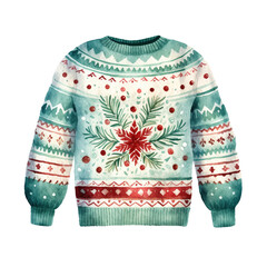 Generative AI, PNG Christmas ugly sweater, watercolor style